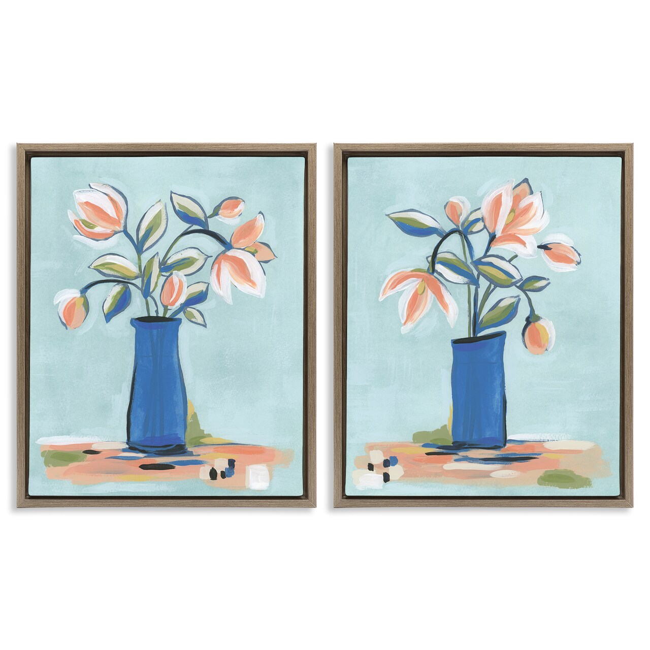Stupell Industries Blue & Peach Flowers 2pc Floater Framed Canvas Wall Art Set Design by June Erica Vess